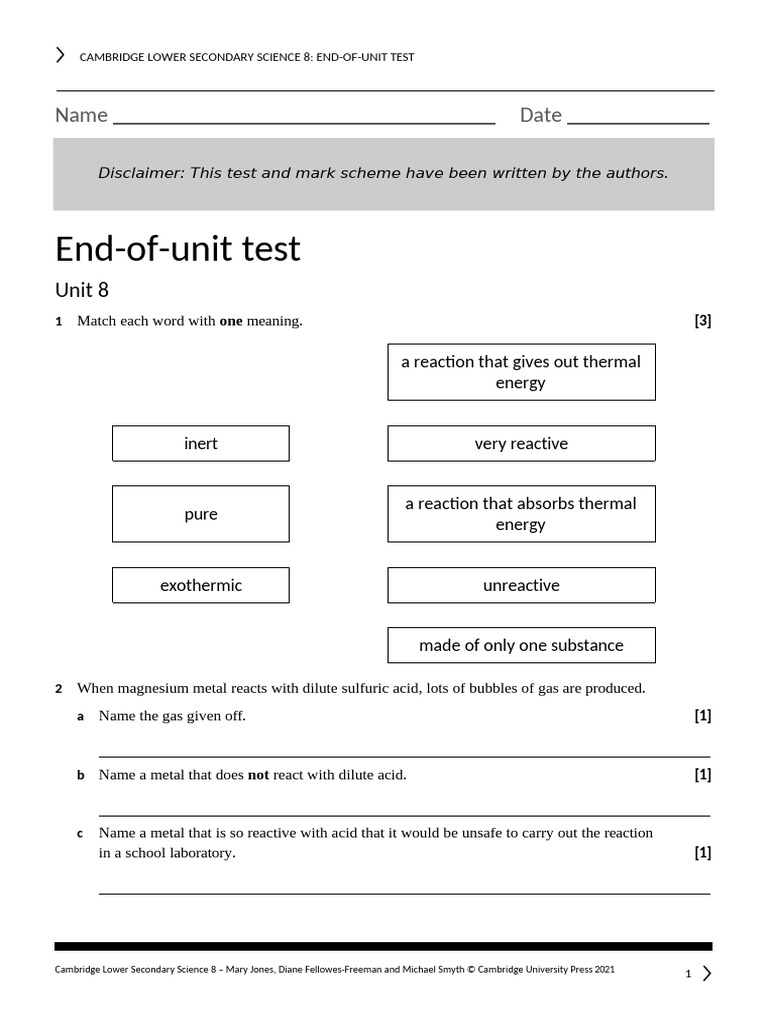S8 - End-of-Unit 8 Test | PDF | Chemical Reactions | Reactivity (Chemistry)