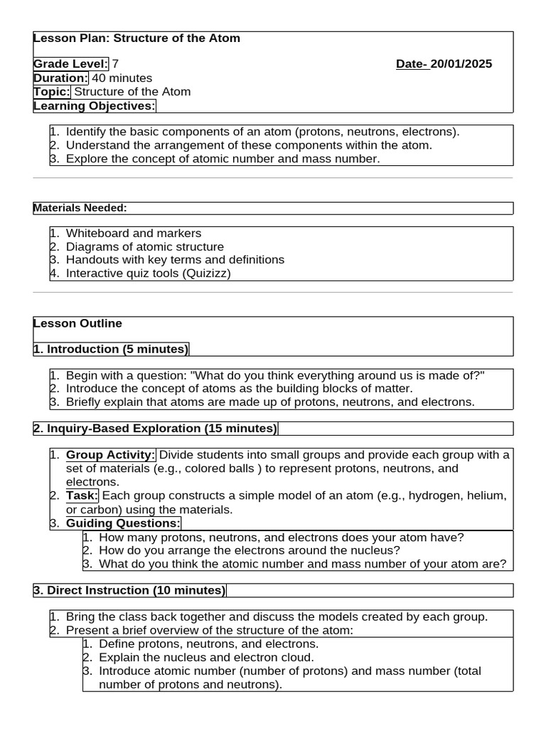 7th Grade Atom Structure Lesson Plan | PDF | Atoms | Proton