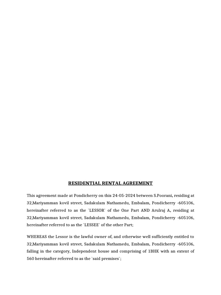Pondicherry Residential Rental Agreement | PDF | Lease | Contract Law