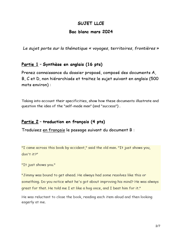 2. page sujet bac blanc LLCE 2024 self-made man | PDF