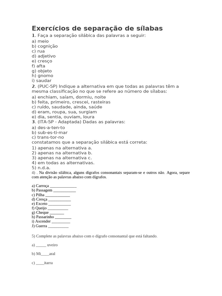 Exercícios de Separação de Sílabas | PDF