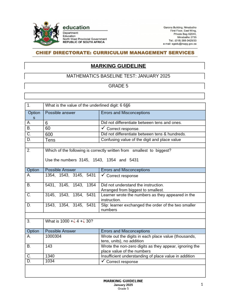 Grade 5 Maths Baseline Test Guide 2025 | PDF | Mathematics | Arithmetic
