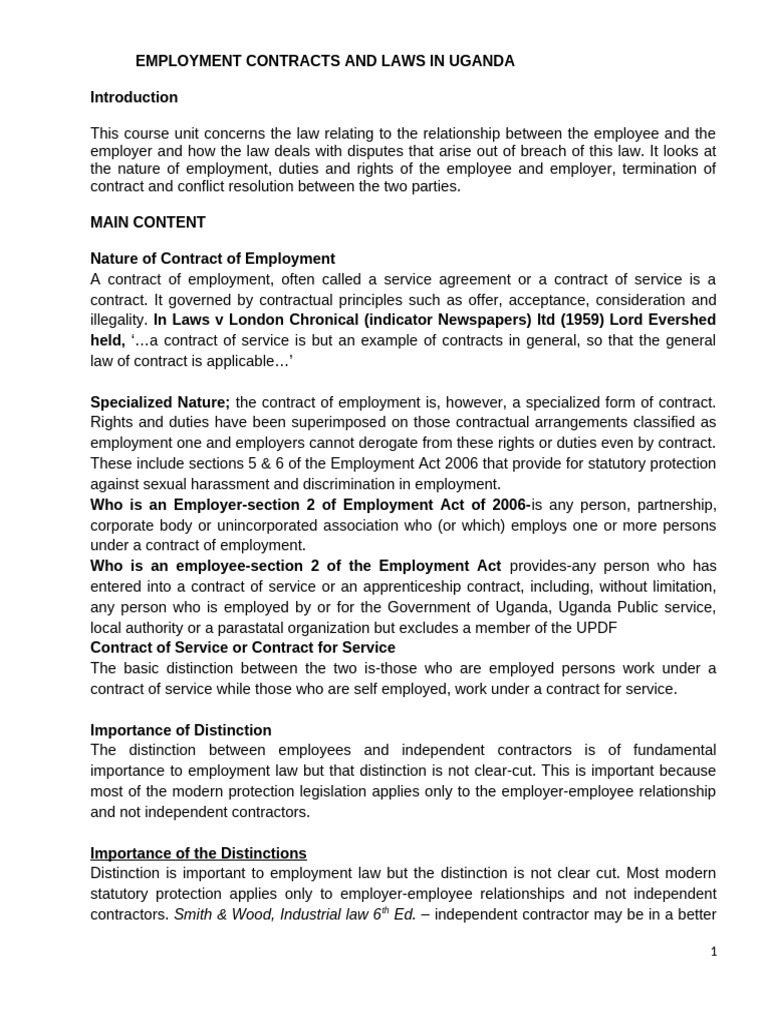Labour Law Notes 1 Uganda Pdf Overtime Employment