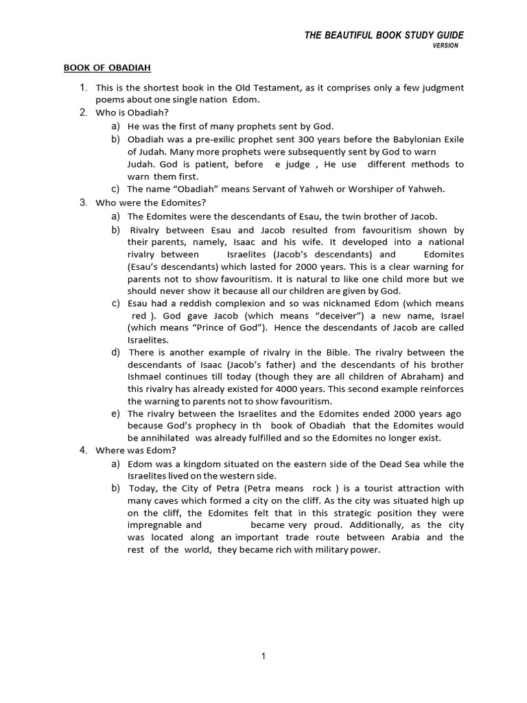 Obadiah Study Guide Overview Pdf Jonah Jacob
