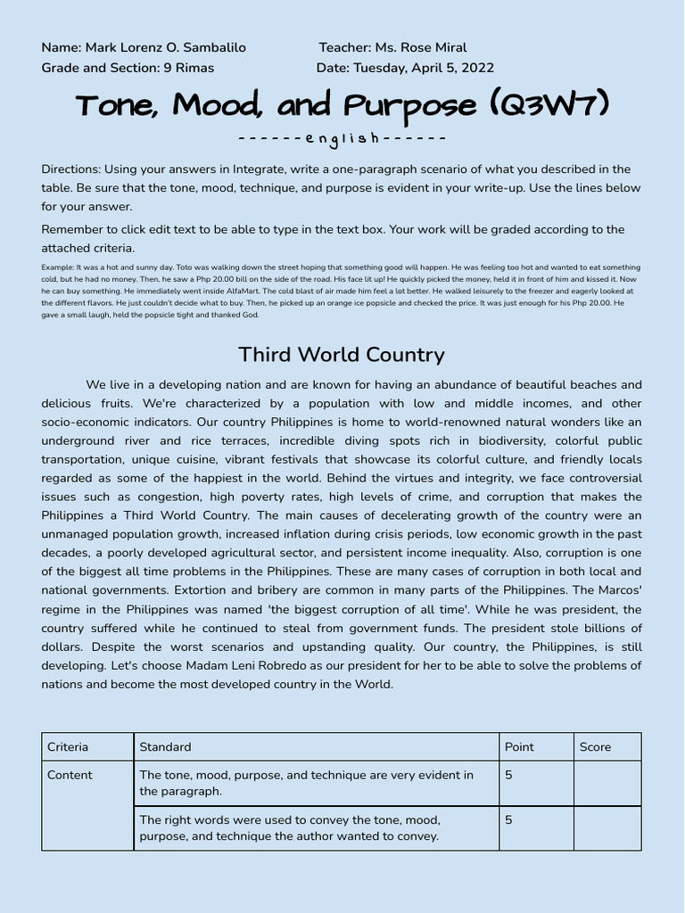 ENG - PT7 - Tone, Mood, and Purpose (Q3W7) | PDF | Corruption | Economies