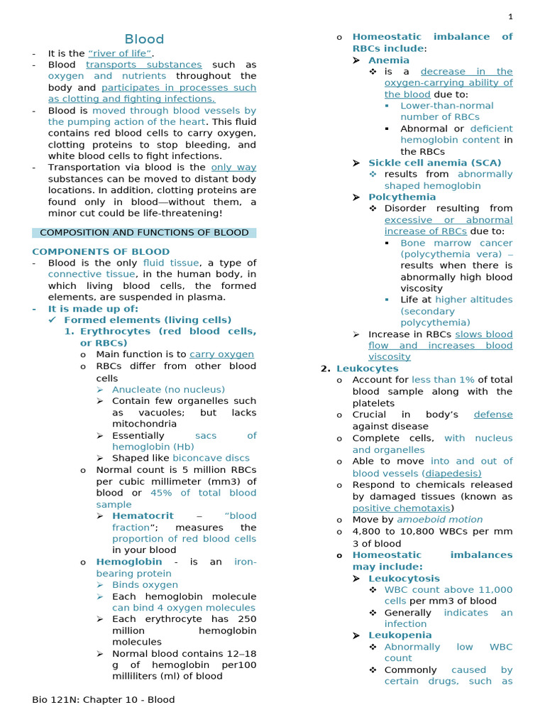 Anaphy Reviewer Chapter 10 - Blood | PDF | White Blood Cell | Blood Type