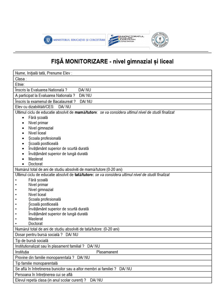 Fisa de Monitorizare Segregare Scoala Nivel Gimnazial Liceal | PDF