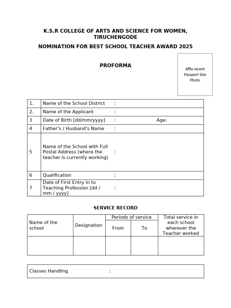 Best Teacher Award Nomination Form 2025 | PDF | Teachers