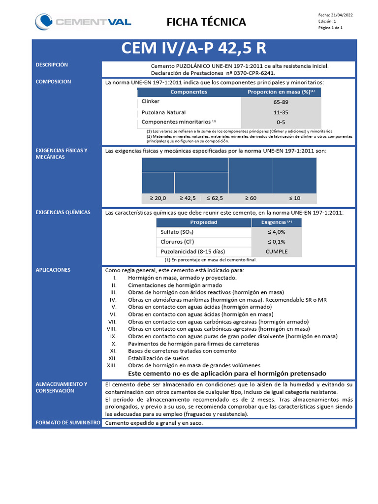 Cemento Puzolánico CEM IV/A-P 42,5 R | PDF | Cemento | Hormigón