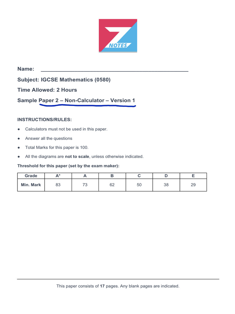IGCSE Math Non-Calculator Sample Paper | PDF | Velocity | Geometry