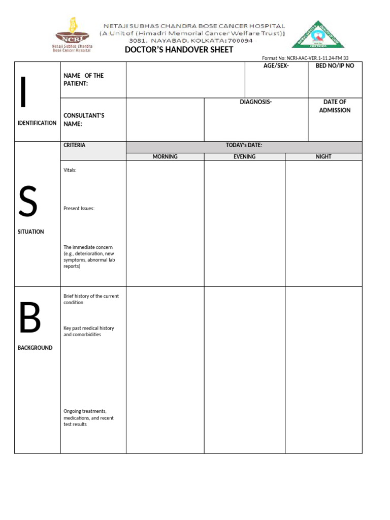 Doctor's Handover Sheet Format | PDF