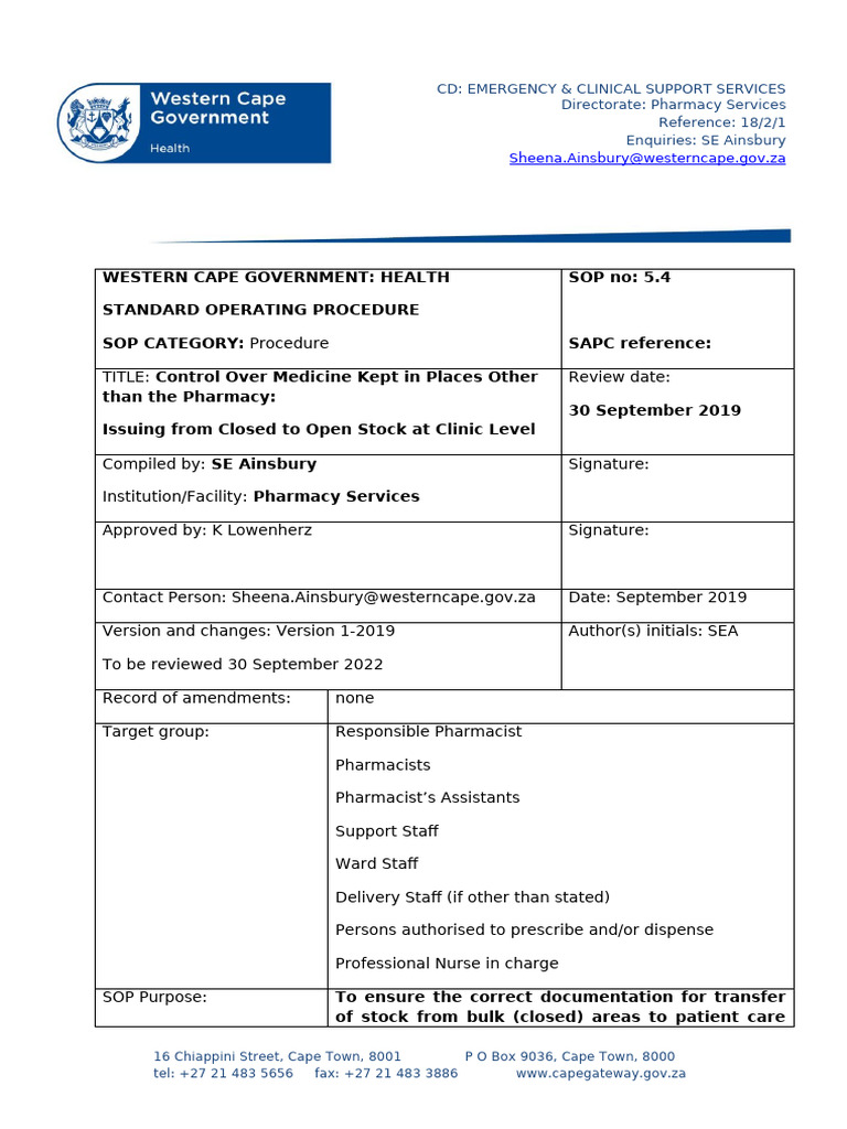 Medicine Stock Control SOP for Clinics | PDF | Pharmacy | Pharmacist