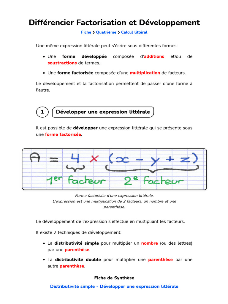 Différence entre développement et factorisation | PDF | Multiplication ...