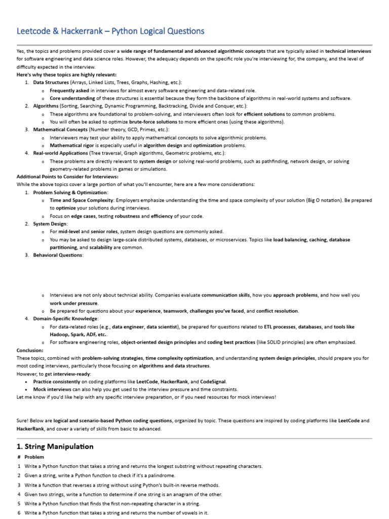 Python Coding Questions for Interviews | PDF | Dynamic Programming ...