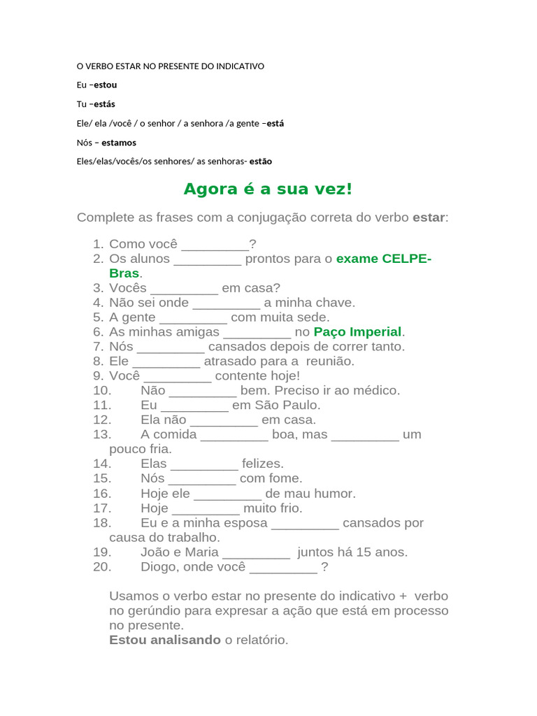 O Verbo Estar No Presente Do Indicativo | PDF
