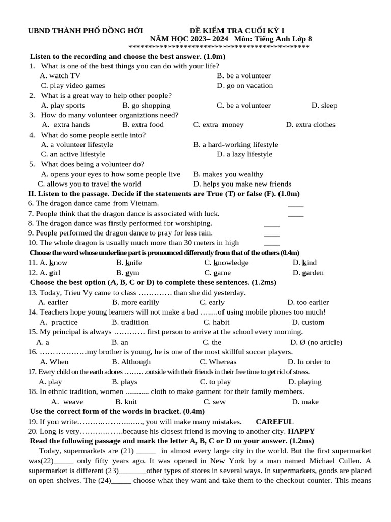 English Exam for 8th Grade Students | PDF | Supermarket