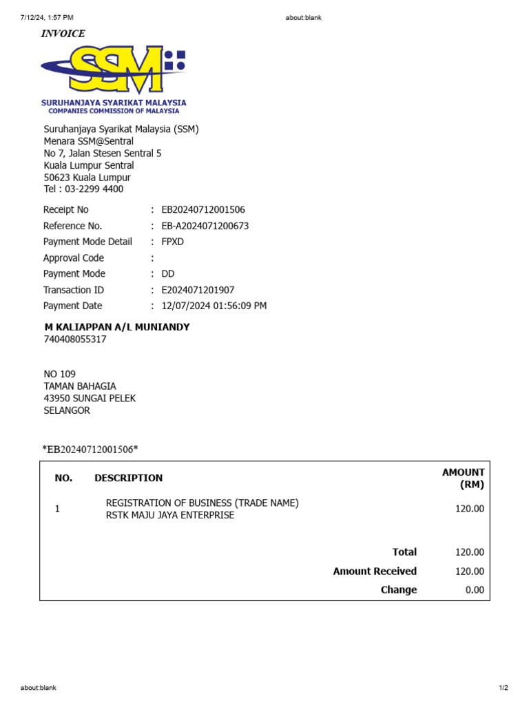 Business Registration Invoice SSM | PDF