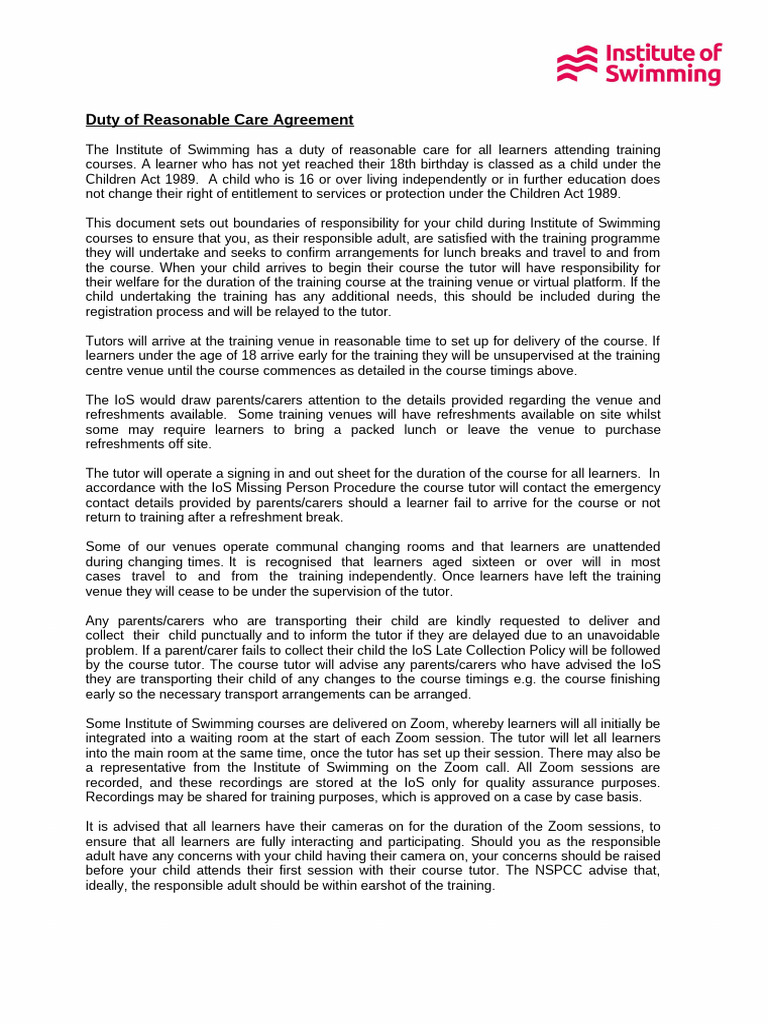 Institute of Swimming Care Agreement | PDF