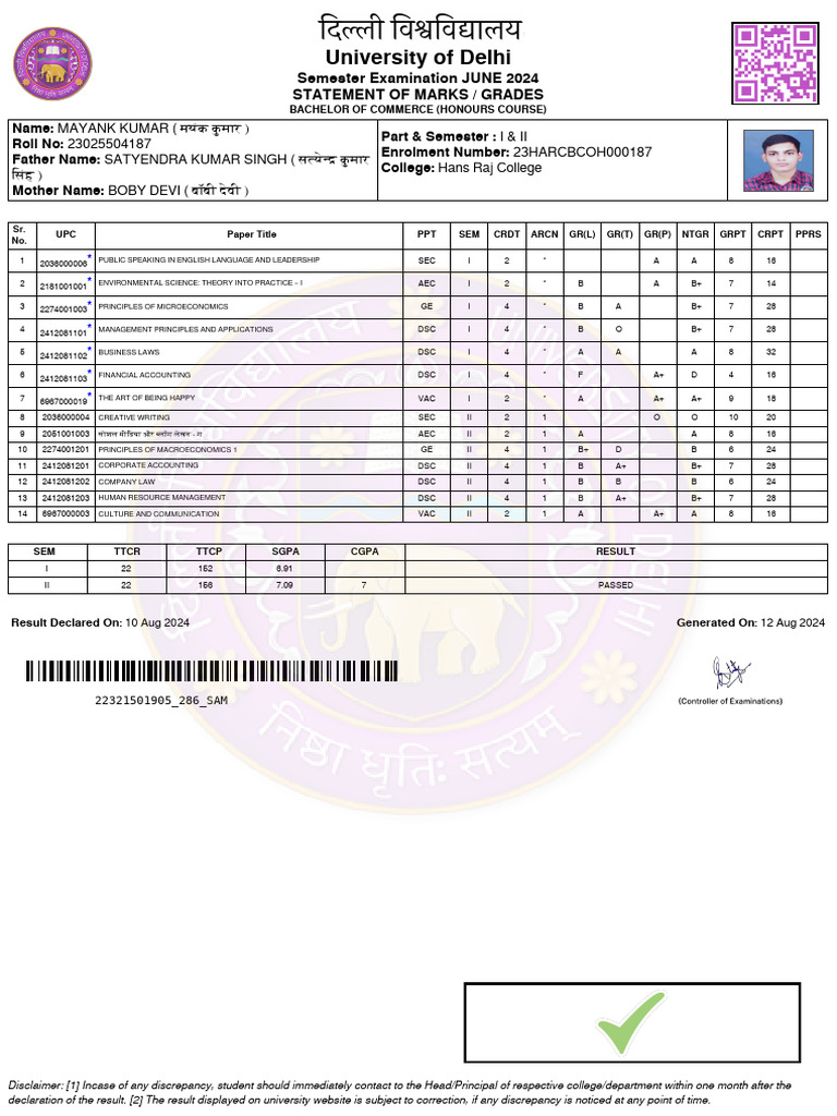 DU B.Com (H) June 2024 Marks Statement | PDF | Higher Education ...