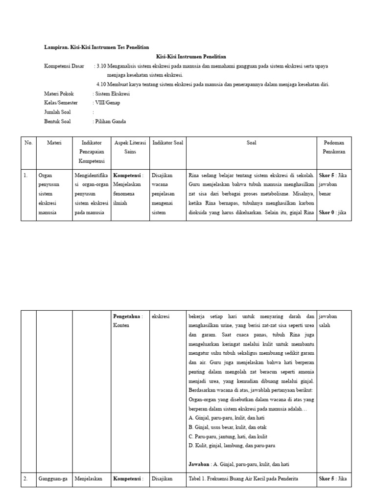 Lampiran Kisi-Kisi Instrumen Tes Penelitian | PDF