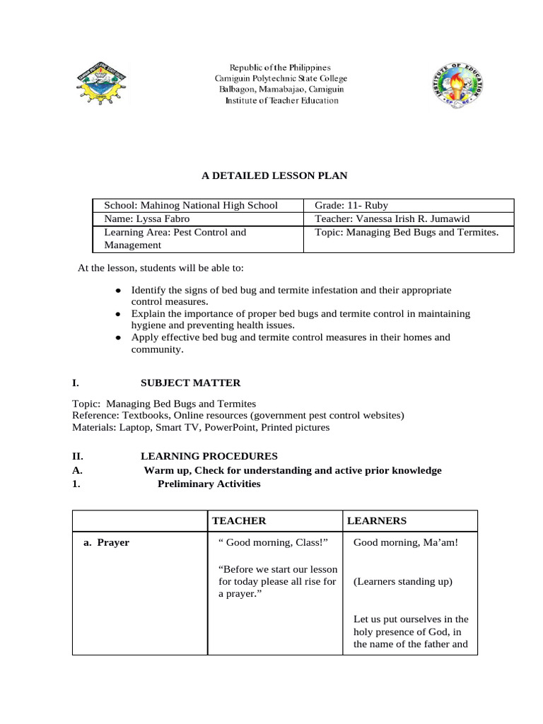 Managing Bed Bugs and Termites Lyssa Fabro - DETAILED LESSON PLAN | PDF