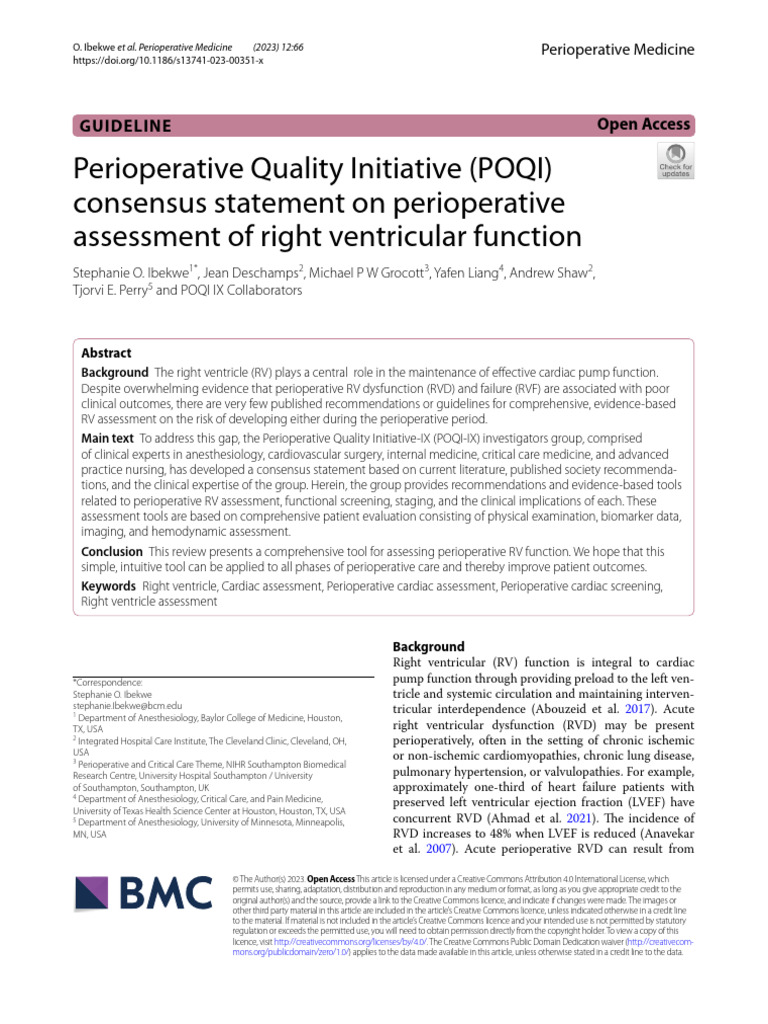 Perioperative Quality Initiative (POQI) Consensus Statement On ...