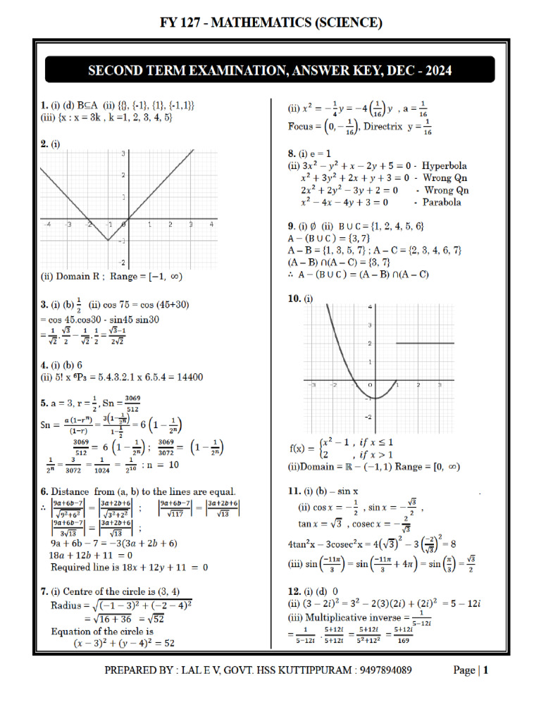 Plus One Second Term Exam 2024 Maths (Science) Answer Key | PDF