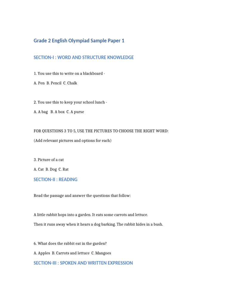 Grade 2 English Olympiad Sample Paper | PDF