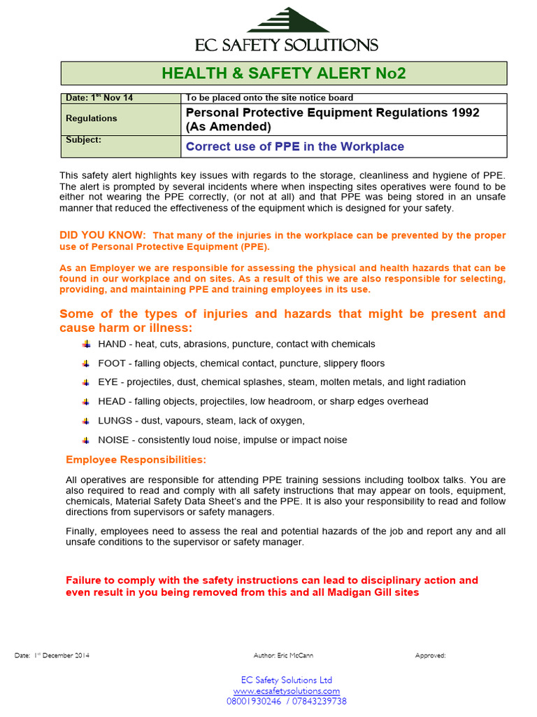 PPE Safety Guidelines for the Workplace | PDF | Personal Protective ...