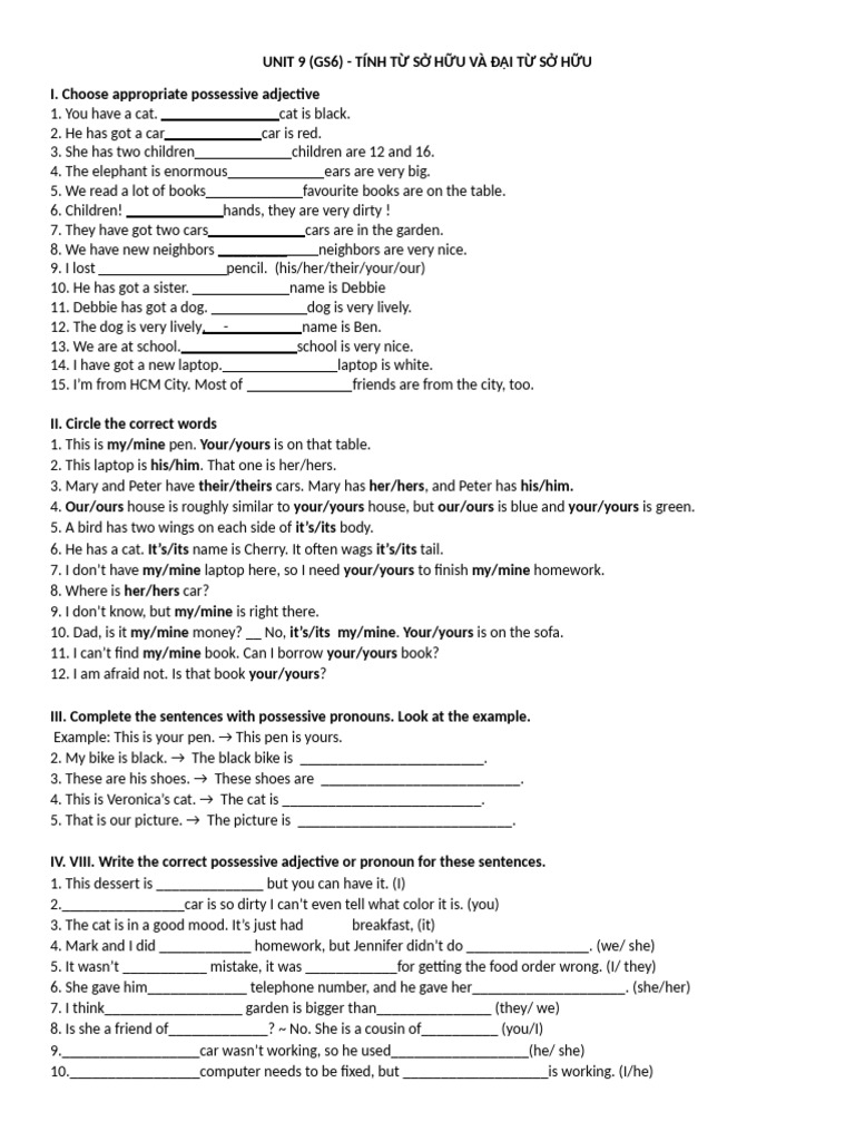 Possessive Adjectives and Pronouns Exercises | PDF | Linguistic ...
