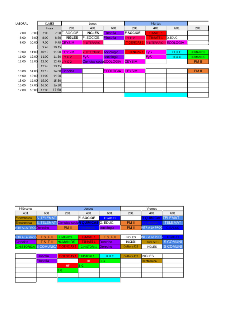 Clases de TSMATE y Horarios Laborales | PDF | Educación en artes liberales
