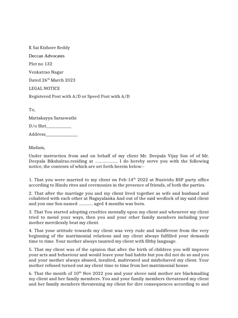 Legal Divorce Notice to Wife | PDF | Marriage | Intimate Relationships
