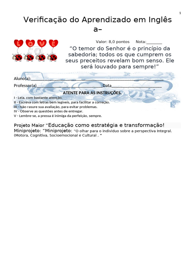 Avaliação de Inglês: 1º Ano 2024 | PDF