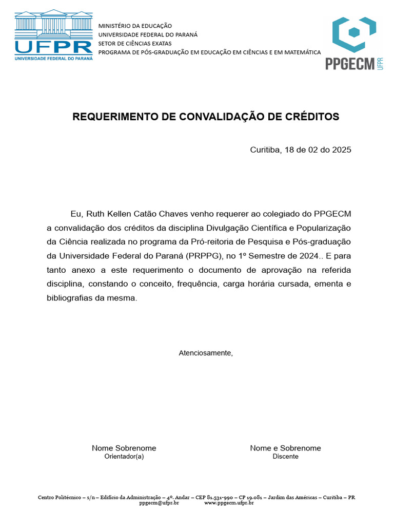 Requerimento de Convalidação de Créditos | PDF | Science | Ciência Popular