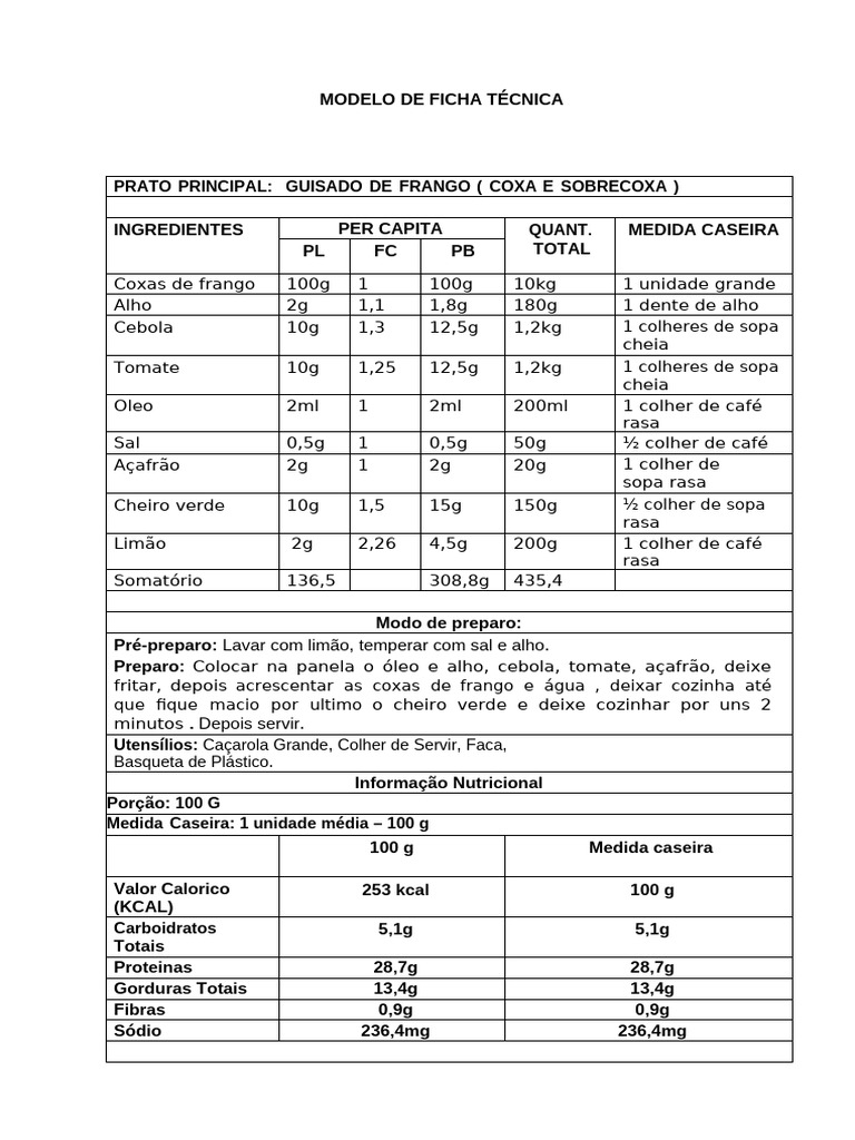 Ficha Técnica: Guisado de Frango | PDF