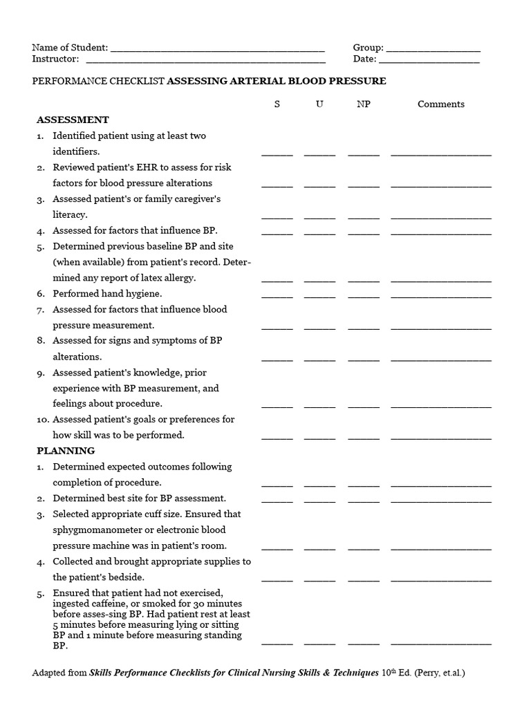 Arterial Blood Pressure Assessment Checklist | PDF | Pulse | Blood Pressure