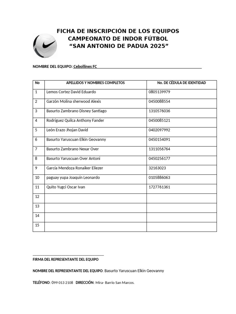 Inscripción Equipos Campeonato Indor 2025 | PDF