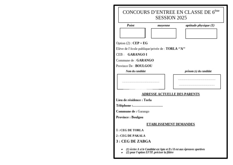 Inscription Concours 6ème 2025 Garango | PDF
