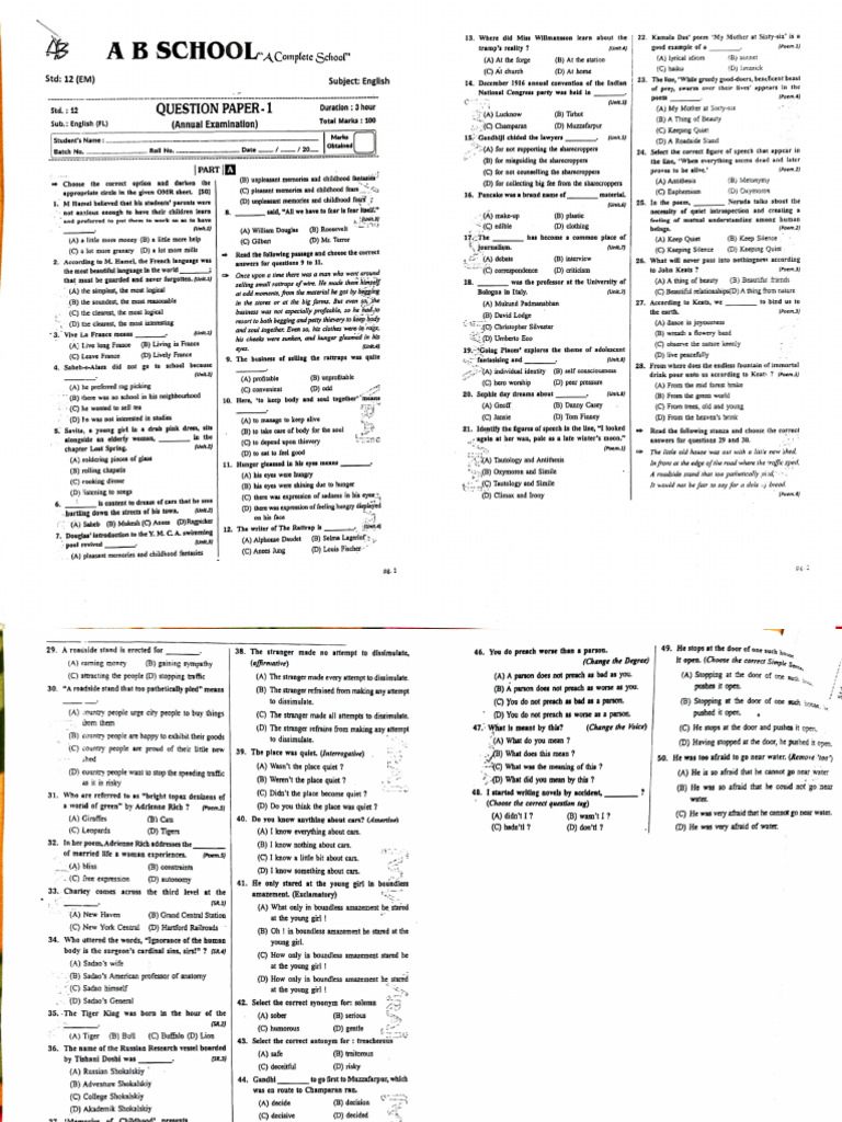 English Exam Paper for Std 12 Students | PDF