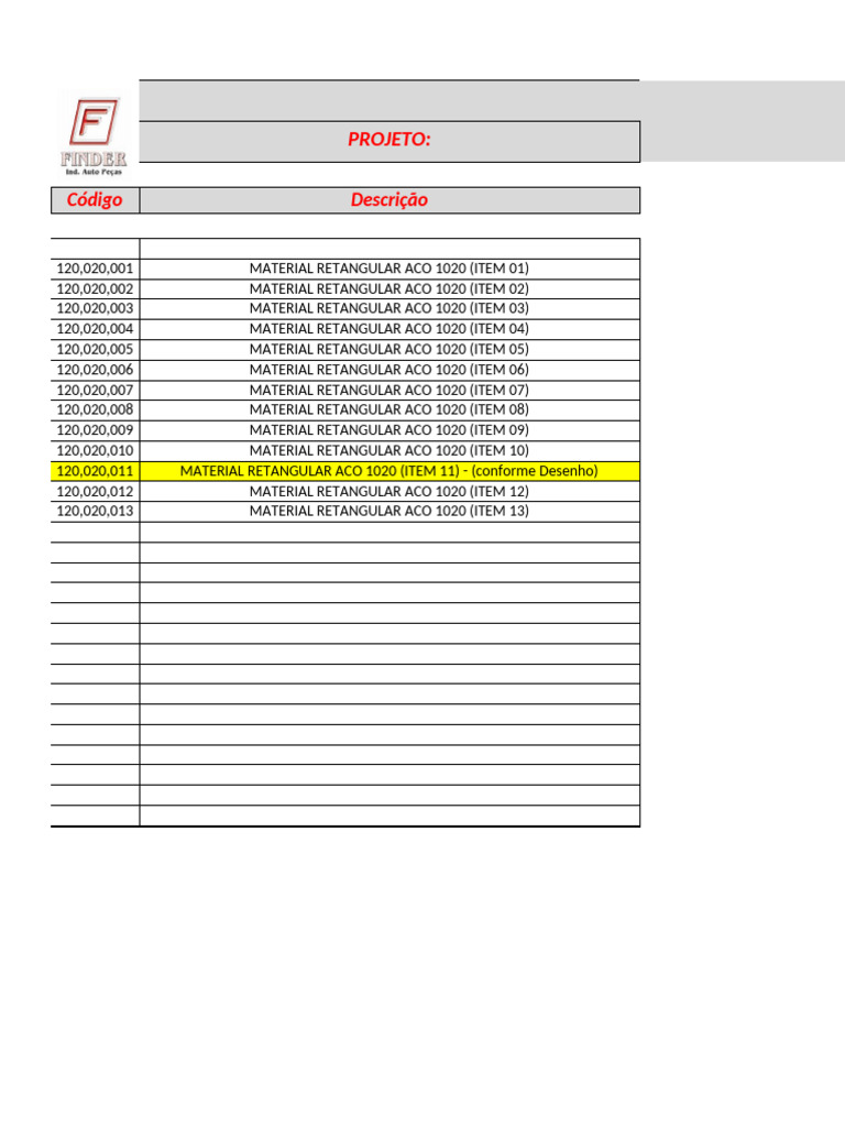 LISTA DE MATERIAIS - Conformação Corpo Alav ECO 09-12 | PDF
