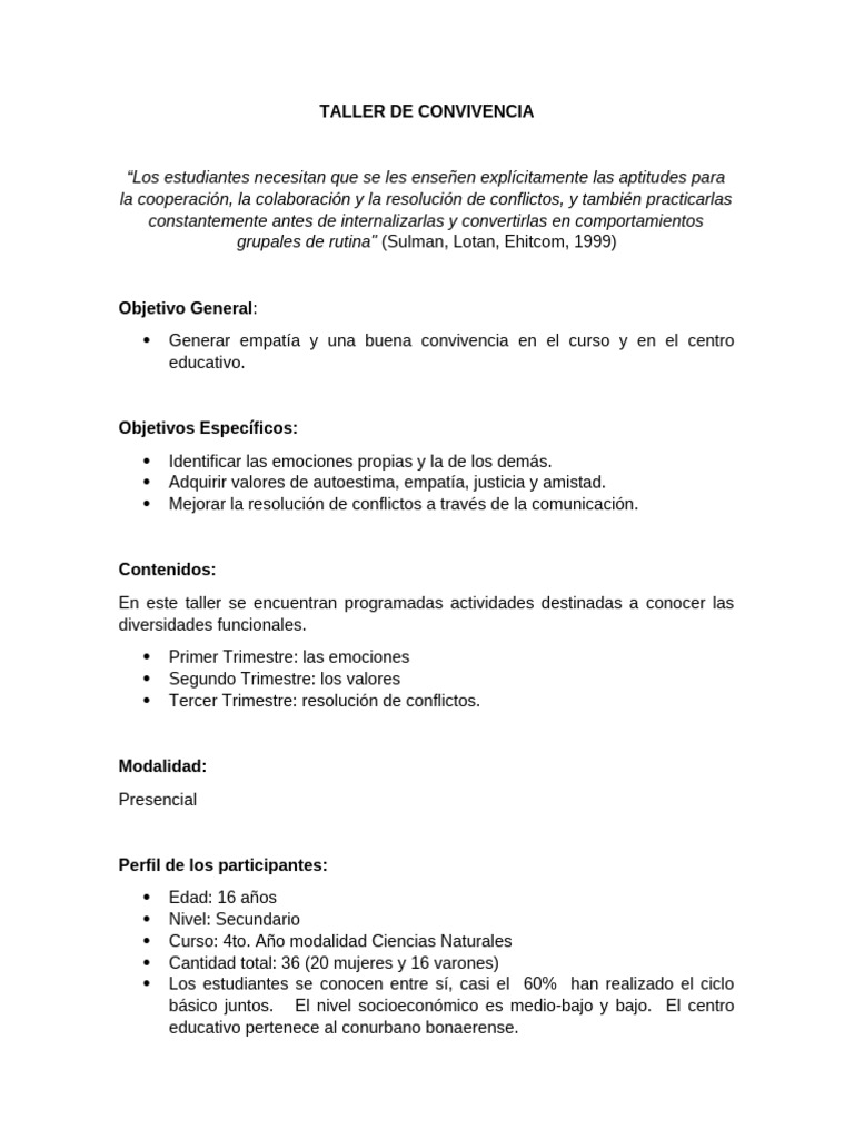 Taller de Convivencia Escolar: Empatía y Resolución de Conflictos | PDF