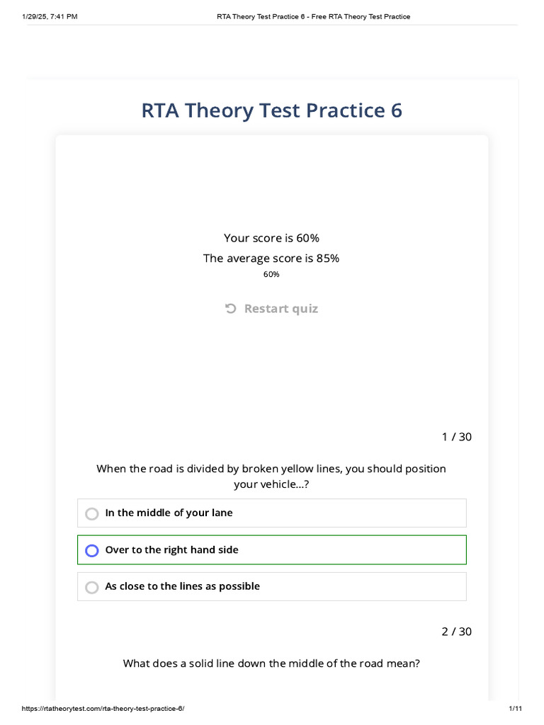 RTA Theory Test Practice Quiz 6 | PDF | Traffic | Transport
