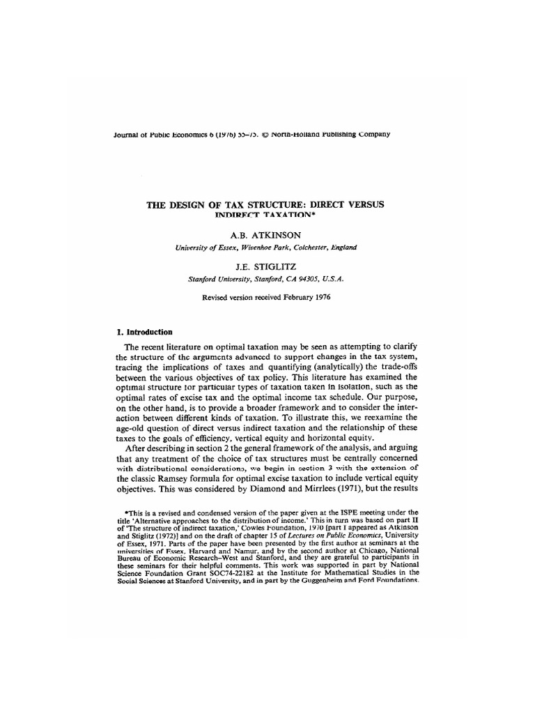Atkinson and Stiglitz - The Desing of Tax Structure - Introduction | PDF