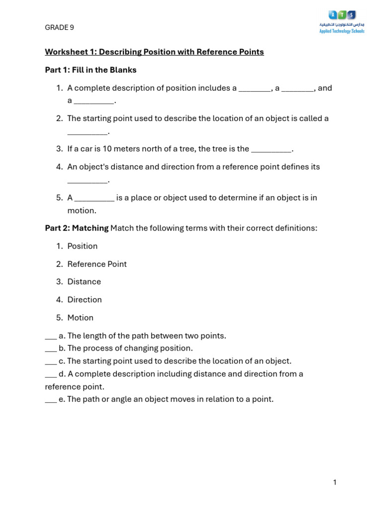Worksheet 1 - distance - direction - motion- reference point copy | PDF
