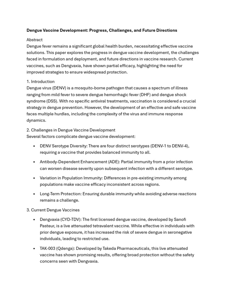 Dengue Vaccine Development - Progress, Challenges, and Future ...