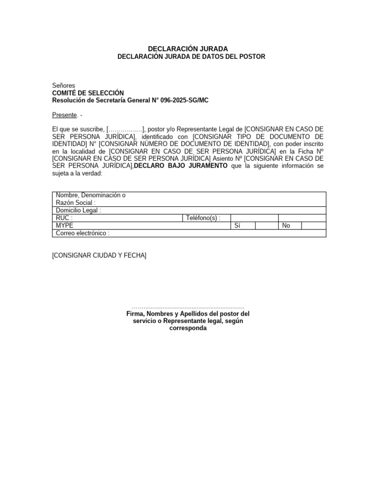 Declaración Jurada de Postor 2025 | PDF