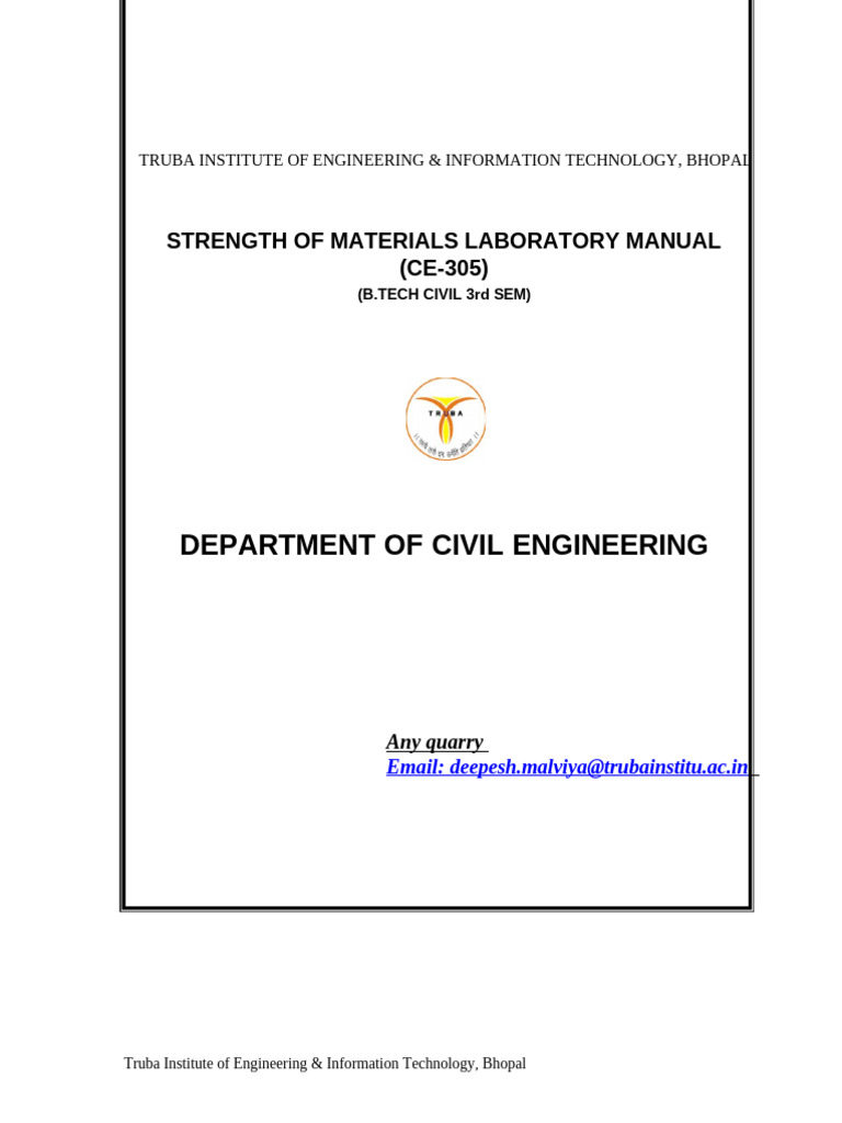 Strength of Materials Lab Manual CE-305 | PDF | Deformation ...