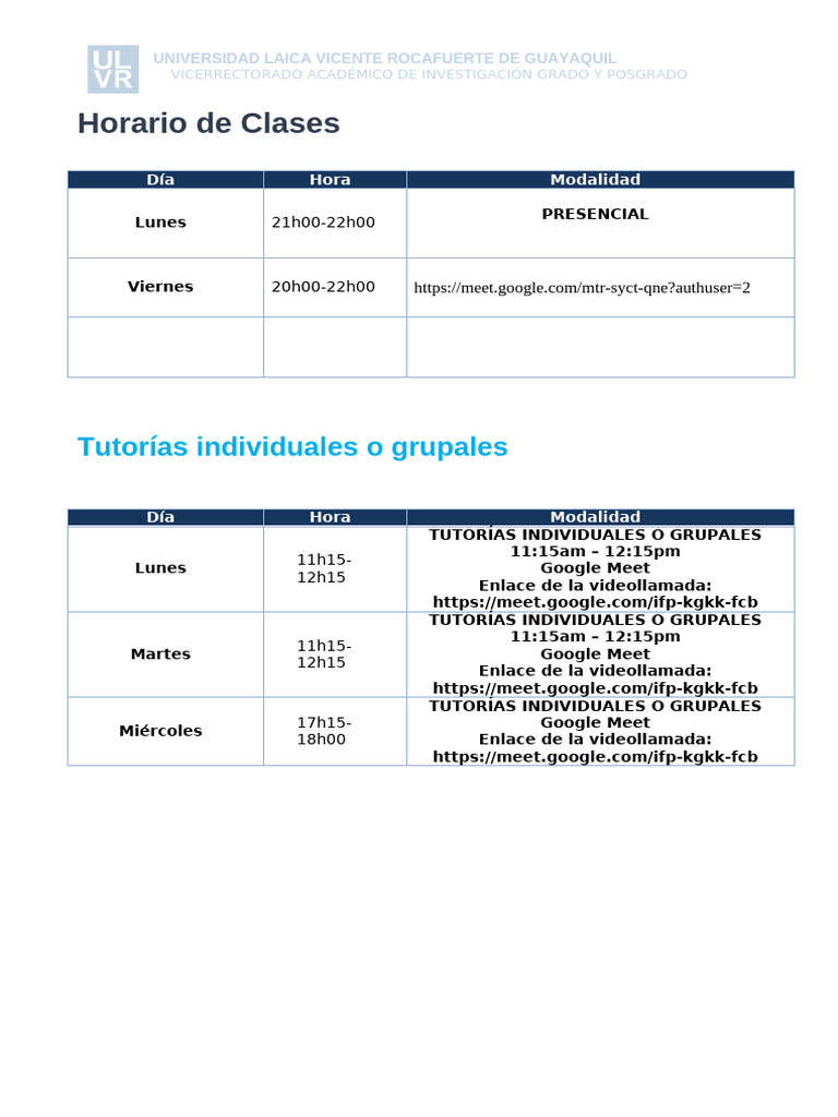 Formato De Horario De Clases Y Tutorias Individuales Y Grupales