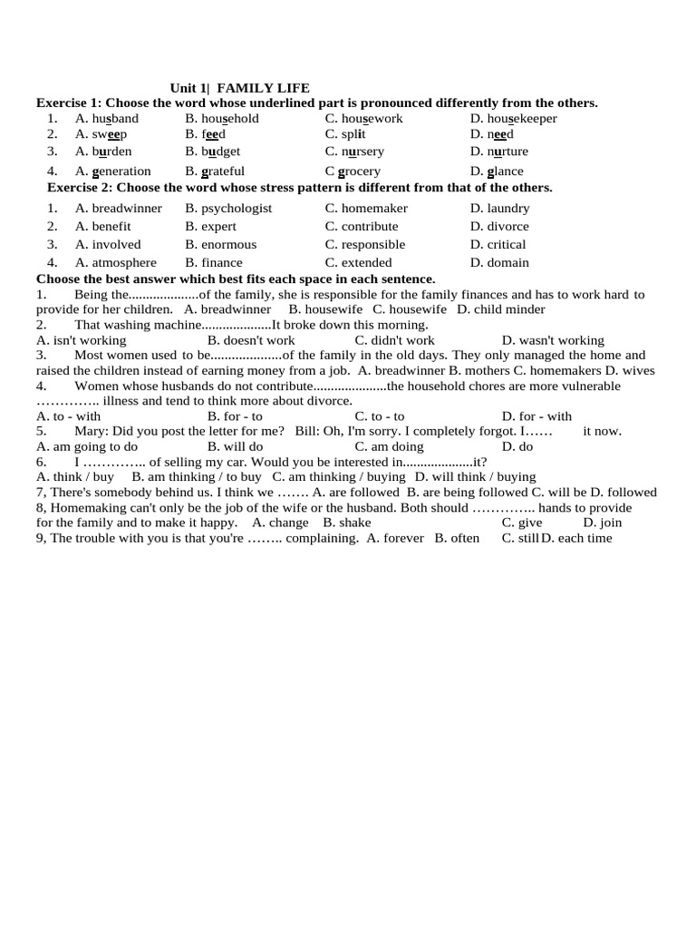 Unit 1: Family Life Exercises | PDF
