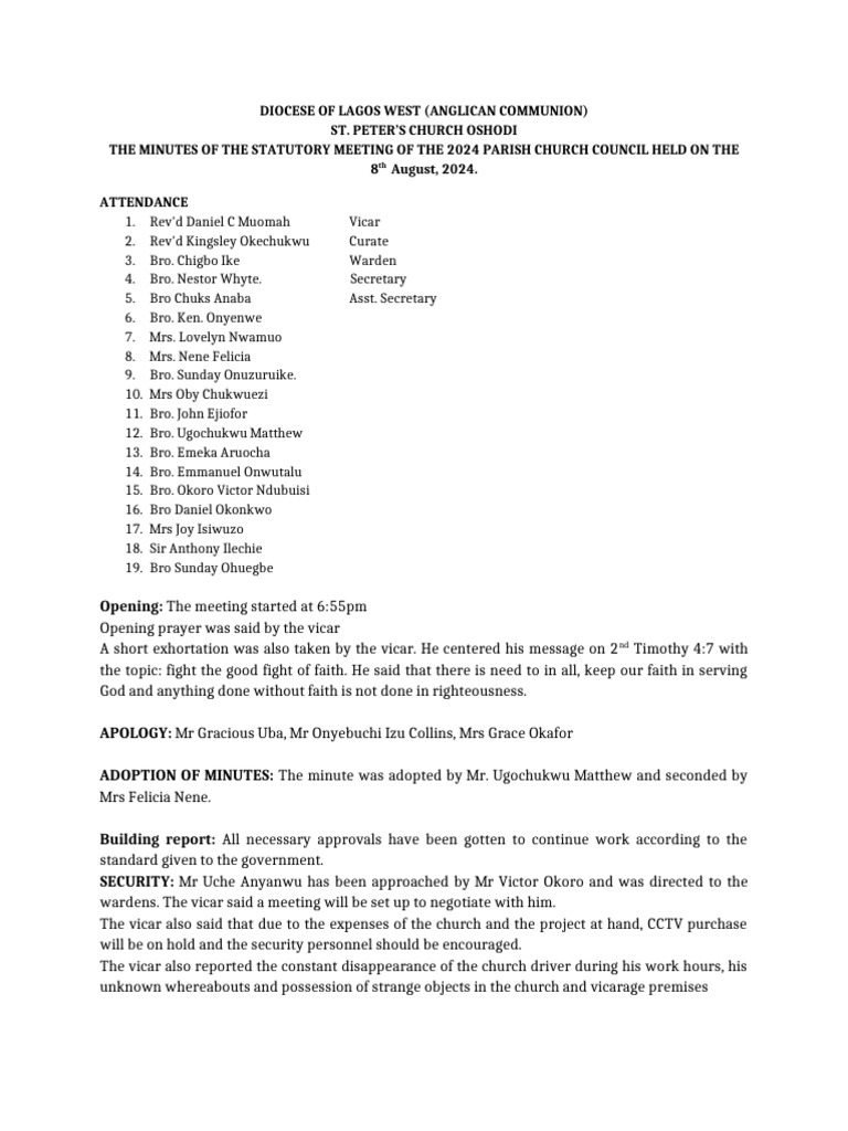 PCC MINUTES 8th August 2024 | PDF | Protestant Denominational Families ...